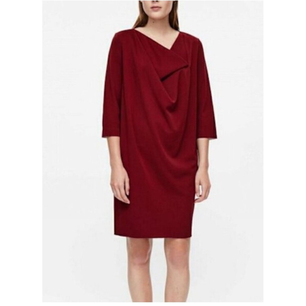 COS Women Burgundy Draped Neck 3/4 Sleeve Shift Dress Size M
